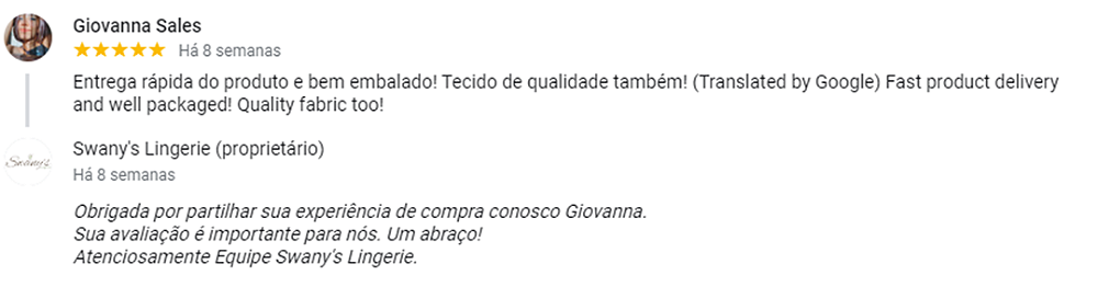 Avaliação Swany's Lingerie Google Meu Negócio